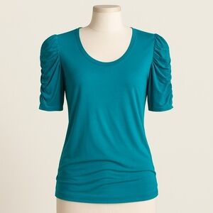 ANN TAYLOR Ruched Puff-Sleeve Tee – Teal – Size M